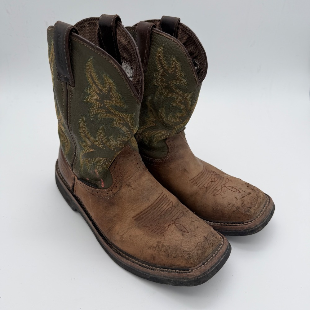 Justin Original Workboots Stampede Steel Toe Brown Green Leather Boots 10D